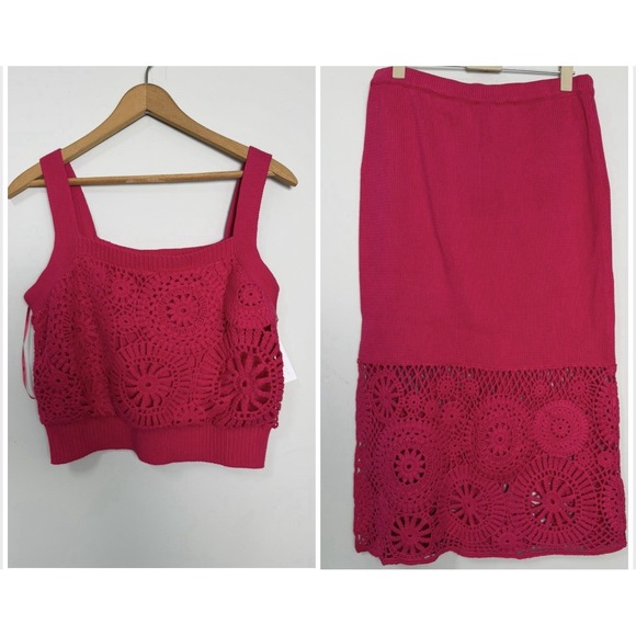 House of Harlow Crochet Knit Crop Top & Cutout Skirt Set Pink Size Medium New - Picture 1 of 11